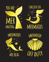 Vector set bundle of gold glitter mermaid silhouettes with quote and sea elements. Lettering illustration isolated on black background