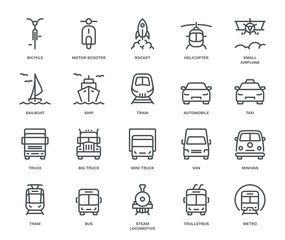 UNIVERSAL TRANSPORT ICONS, FRONT VIEW,  Monoline concept The icons were created on a 48x48 pixel aligned, perfect grid providing a clean and crisp appearance. Adjustable stroke weight. 