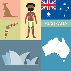 About Australia including Flag, map, opera house, boomerang, kangaroo, and aborigine  native australian.