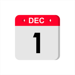 December 1 - Calendar Icon. Calendar Icon with shadow. Flat style. Date, day and month. Reminder. Vector illustration. Organizer application, app symbol. Ui. User interface sign.