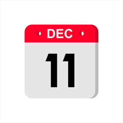 December 11 - Calendar Icon. Calendar Icon with shadow. Flat style. Date, day and month. Reminder. Vector illustration. Organizer application, app symbol. Ui. User interface sign.