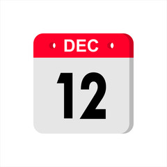 December 12 - Calendar Icon. Calendar Icon with shadow. Flat style. Date, day and month. Reminder. Vector illustration. Organizer application, app symbol. Ui. User interface sign.