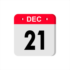 December 21 - Calendar Icon. Calendar Icon with shadow. Flat style. Date, day and month. Reminder. Vector illustration. Organizer application, app symbol. Ui. User interface sign.