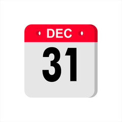 December 31 - Calendar Icon. Calendar Icon with shadow. Flat style. Date, day and month. Reminder. Vector illustration. Organizer application, app symbol. Ui. User interface sign.