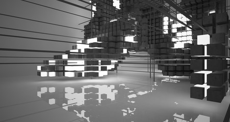 Abstract architectural white interior  from an array of concrete cubes  with neon lighting. 3D illustration and rendering.