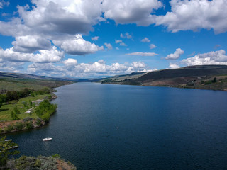 Fototapeta na wymiar Terrific aerial pictures of magnificent Bridgeport State Park the Columbia River and its outer banks with dramatic skies and clouds in Okanogan County Washington State