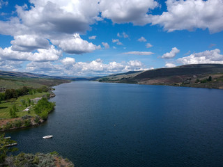 Terrific aerial pictures of magnificent Bridgeport State Park the Columbia River and its outer banks with dramatic skies and clouds in Okanogan County Washington State