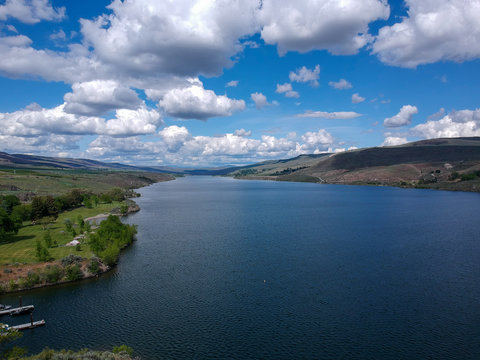 Terrific aerial pictures of magnificent Bridgeport State Park the Columbia River and its outer banks with dramatic skies and clouds in Okanogan County Washington State