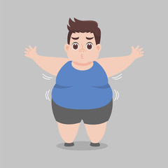 Big Fat Man worry about her body looks over weight, sad, afraid, unhappy, big size, diet unhealthy cartoon, lose weight, Lifestyle healthy Healthcare concept cartoon character flat vector design.