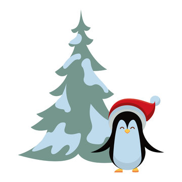 cute penguin with christmas hat and pine tree