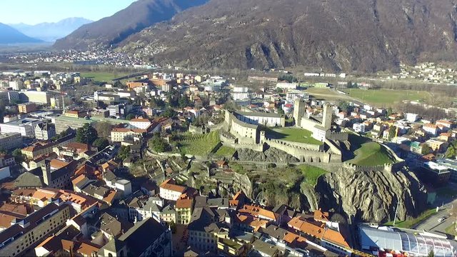 Drone view of Bellinzona Castelgrande, Ticino Switzerland
