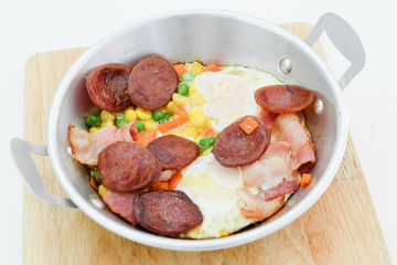 Breakfast with fried eggs in pan