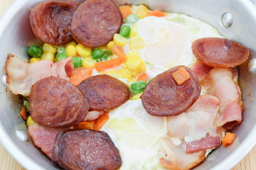 Breakfast with fried eggs in pan