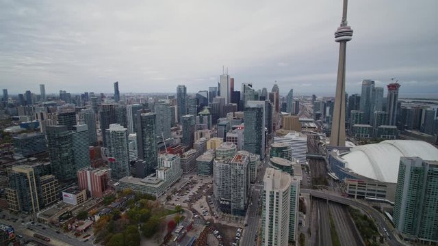 Toronto Ontario Aerial v12 Slow panoramic view of downtown and Entertainment District cityscapes - October 2017