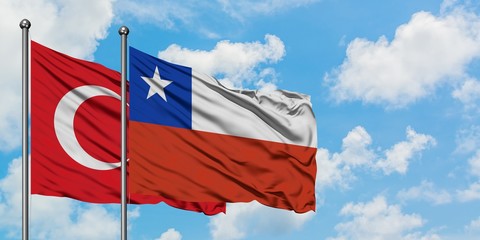 Turkey and Chile flag waving in the wind against white cloudy blue sky together. Diplomacy concept, international relations.