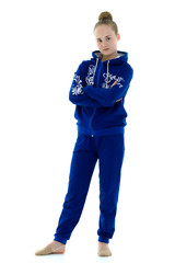 Portrait of cute little girl gymnast girl isolated on white