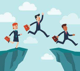 Obraz premium Business people jumping over cliff gap. Concept of business risk and success. Business competition vector illustration