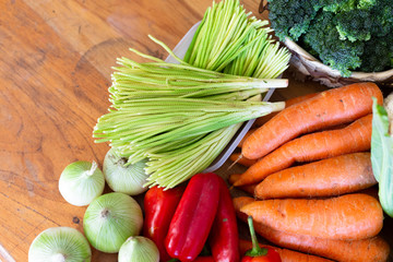 Fresh organic vegetables on the wooden table - Local market fresh vegetable, garden produce