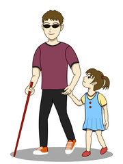 Vector illustration of Blind man and his daughter are walking together. His daughter take care and guide him. Both look happy. It's a lovely family image.