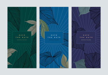 Set of botanical brochure cover template design, green leaves and leaves line art ink drawing in black on green, blue and purple, vintage style