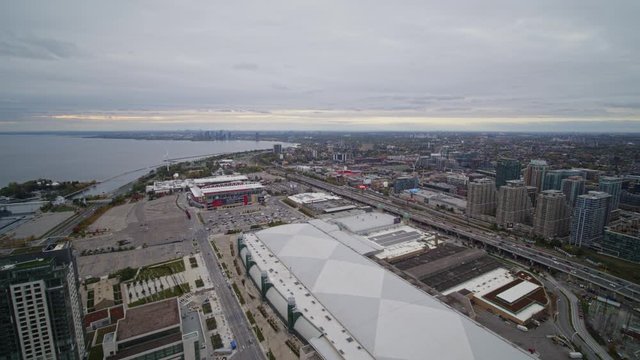 Toronto Ontario Aerial v15 Panning above Niagara convention center and stadium - October 2017