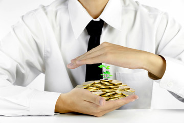 businessman hands protecting piles of golden coins,Lucky economic growth concept