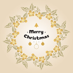 Banner of merry christmas and happy new year, with drawing art of leaf flower frame. Vector