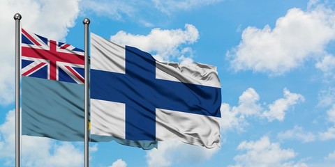 Tuvalu and Finland flag waving in the wind against white cloudy blue sky together. Diplomacy...