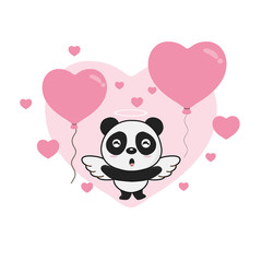 Happy Valentine's day greeting card. Cute  panda angel with heart balloons. 
