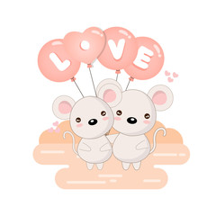 Happy Valentine's day card. Cute mouse cartoon with heart balloon