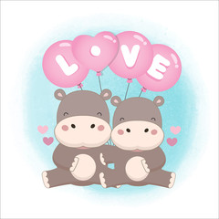 Valentine's day card. Couple Hippo hold LOVE balloons in cartoon style.