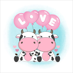 Naklejka premium Valentine's day card. Couple Cow hold LOVE balloons in cartoon style.