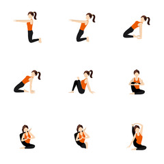 Hips stretching seated yoga asanas set/ Illustration stylized woman practicing yoga postures with hips extension