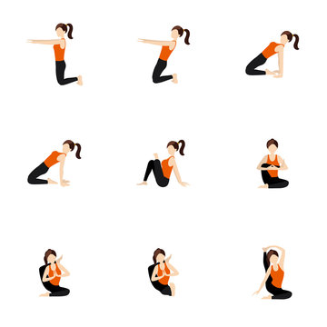 Hips stretching seated yoga asanas set/ Illustration stylized woman practicing yoga postures with hips extension