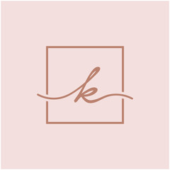 Initials signature letters K linked inside minimalist luxurious square line box.  logo designs for brand, identity, invitations, hotel, boutique, jewelry, photography or company signs - VECTOR
