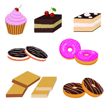 Candy. Vector image of cakes, donuts and waffles isolated colored on white background