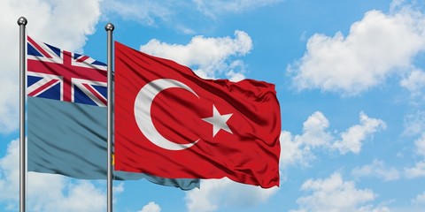 Tuvalu and Turkey flag waving in the wind against white cloudy blue sky together. Diplomacy...