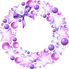 Christmas watercolor wreath with balls, stars.