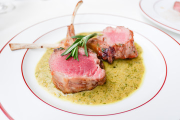 Roasted New Zealand lamb rack with rosemary crusted and Cafe de Paris sauce 