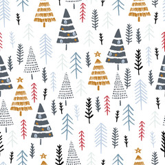 Modèle sans couture d& 39 hiver avec des arbres de Noël, bois d& 39 épicéas sur fond blanc. Conception de surface pour le textile, le tissu, le papier peint, l& 39 emballage, l& 39 emballage cadeau, le papier, le scrapbooking et l& 39 emballage.