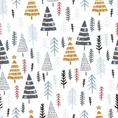 Gardinen Nahtloses Muster des Winters mit Weihnachtsbäumen, Fichtenwälder auf weißem Hintergrund. Oberflächengestaltung für Textilien, Stoffe, Tapeten, Verpackungen, Geschenkpapier, Papier, Sammelalben und Verpackungen. © Mo'i