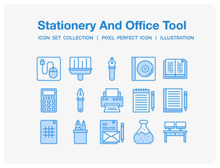 Stationery And Office Tool Icons Set. UI Pixel Perfect Well-crafted Vector Thin Line Icons. The illustrations are a vector.