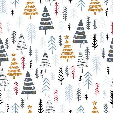 Winter seamless pattern with christmas trees, spruce woods on white background. Surface design for textile, fabric, wallpaper, wrapping, giftwrap, paper, scrapbook and packaging.