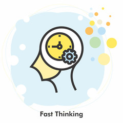 Fast thinking icon concept with clock and gear in the drawing of human brain isolated on light blue background, vector and illustration.