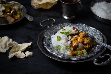 Indian style eggplant in korma sauce and rice on dark background