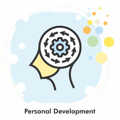 Personal, development icon concept with gear tool in the drawing of human brain isolated on light blue background, vector and illustration.