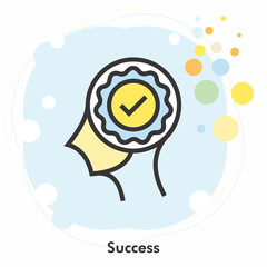 Success icon concept with check mark in the drawing of human brain isolated on light blue background, vector and illustration.