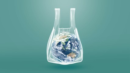 Plastic Bag Containing the World, Environmental Problems from Waste Plastic Concept Save the World say no to plastic. 3D rendering ( Elements of this image furnished by NASA.)