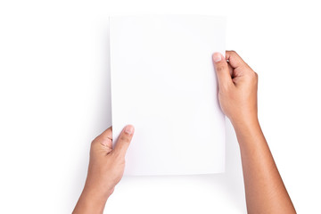 Human hands holding vertical blank paper, virtual reading an article on white background with clipping path.