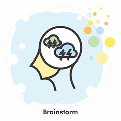 Brainstorm icon concept with lightning clouds in the drawing oh human brain isolated on light blue creative background, vector and illustration.